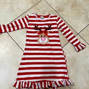 Christmas dress w/reindeer appliqué red/white stripes ruffled sleeves trim
